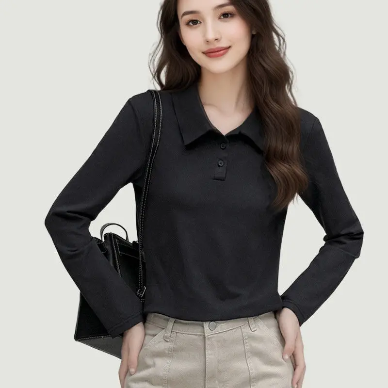 

American retro spicy girl solid color POLO collar long sleeved T-shirt early autumn women's long sleeved commuting slim fit top