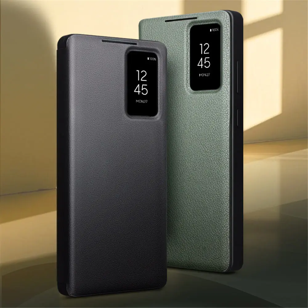 Genuine Cowhide Leather Card Slot Case for Samsung Galaxy S25 S26 Ultra Smart Window View Cover