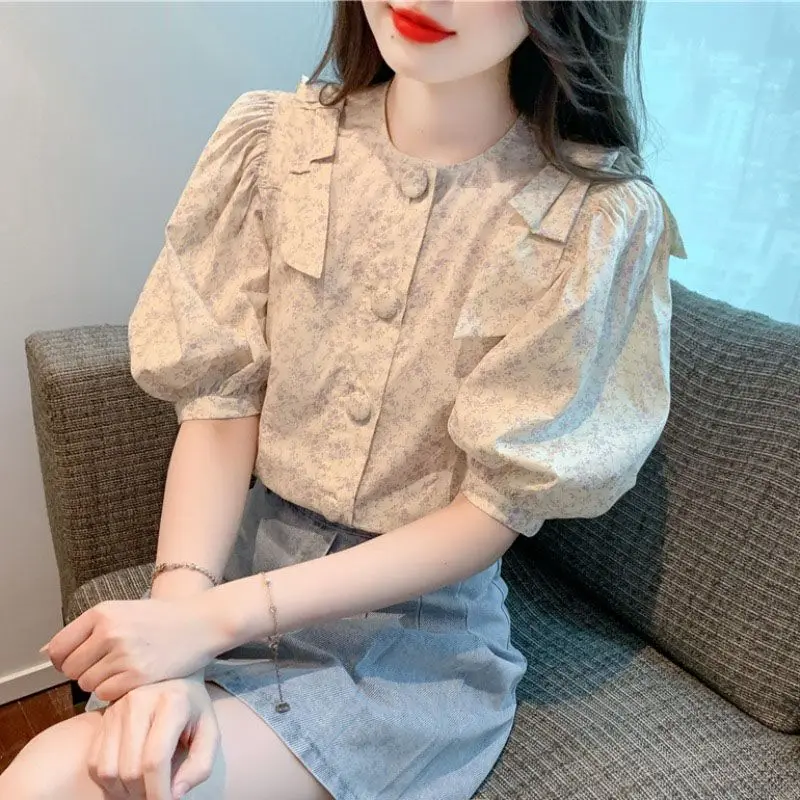 

Sweet Floral Puff Sleeves for Women's Design Niche Tops New Age-reducing Chiffon Shirt