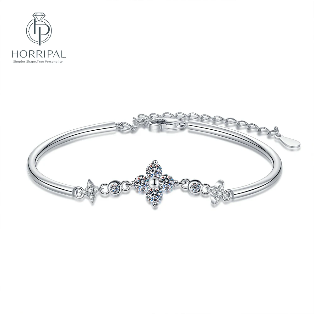 HORRIPAL Twin Star Adjustable Moissanite Bracelet For Woman 925 Silver Four Leaf Korean Light Luxury Fine Jewelry With GRA
