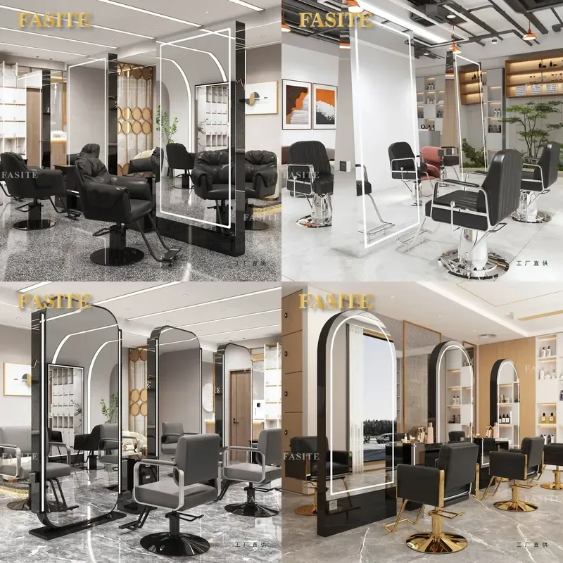 For Barber Shop Floor Mirror Hair Double Sided Stainless Steel Mirror With Lamp Perm Dye Station Internet Celebrity