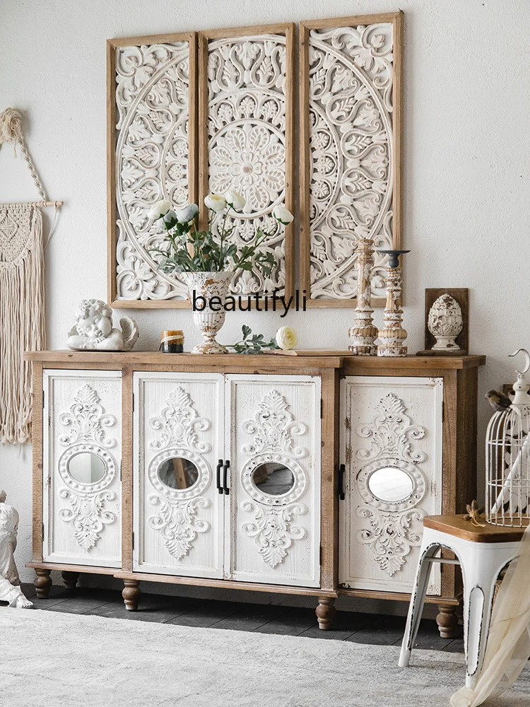 American Retro Home Entrance Cabinet Country Style Wall Living Room Carved Decoration Solid Wood Sideboard