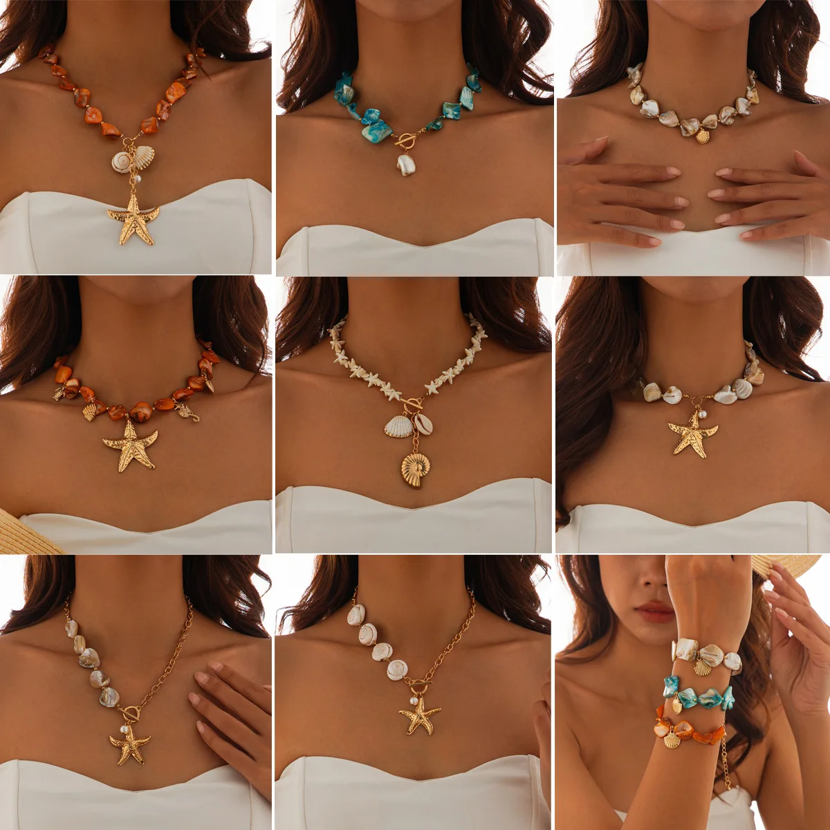 

Bohemian Beach Shell Conch Beaded Necklace for Women Summer Ocean Style Seashell Starfish Pendant Choker Vacation Party Jewelry