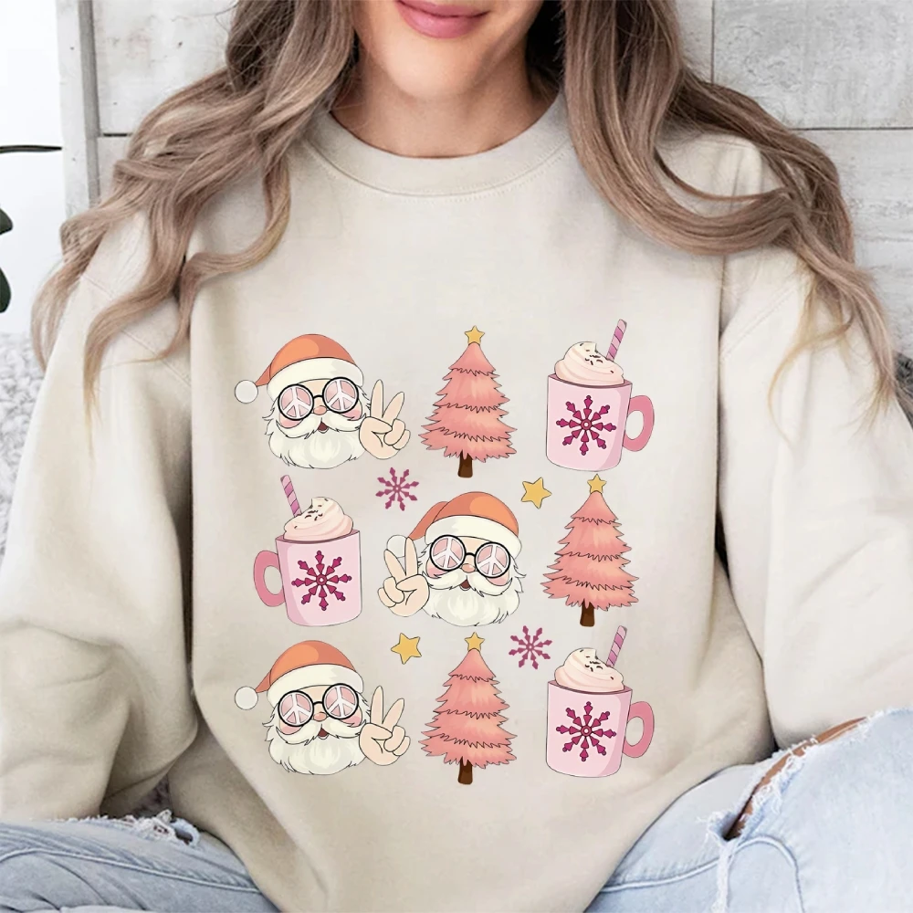 Ladies Cotton Hoodie Sweater Christmas Style Santa Pine Graphic Print Chic Loose Shoulder New Trend Crew Neck Sweatshirt