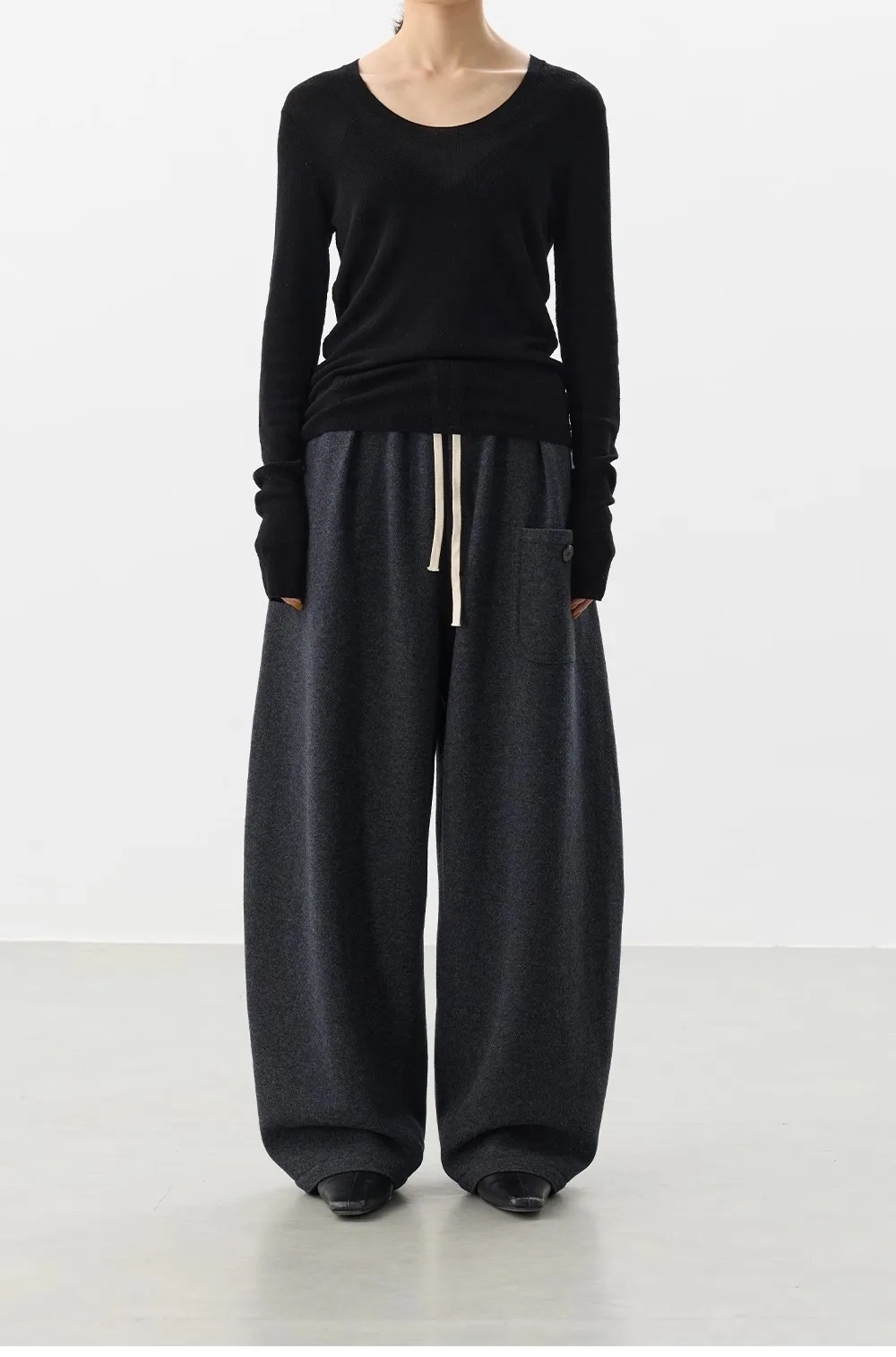 Curved Hem Pants~Wool Elastic Waist Wide-Leg Casual Pants for Women, 2025 Winter Fashionable Thickened Floor-Length Pants
