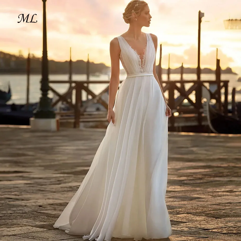 

ML Simple Generous A-Line Chiffon Women's Wedding Dress V-Neck Lace Appliques Bride Gown Customized Vestidos Novias Boda 2026
