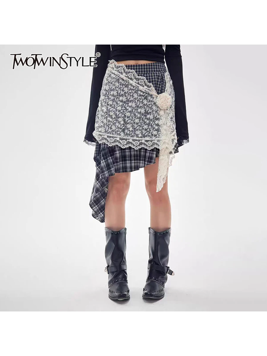 

TWOTWINSTYLE хитовые цветные клетчатые юбки нестандартной формы для женщин с высокой талией в стиле пэчворк, модная юбка с 3D цветами, женская одежда, новинка