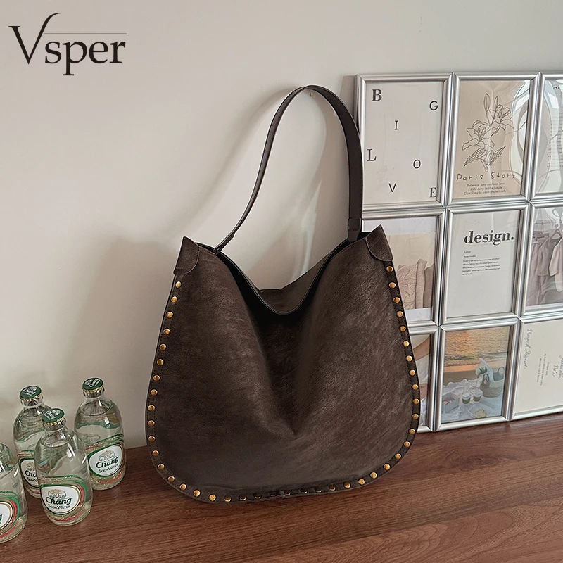 

Vsper Vintage Style Studded Armpit Shoulder Bags For Women Rivets Decor Big Capacity Shopper Totes 2026 Designer Handbags Luxury