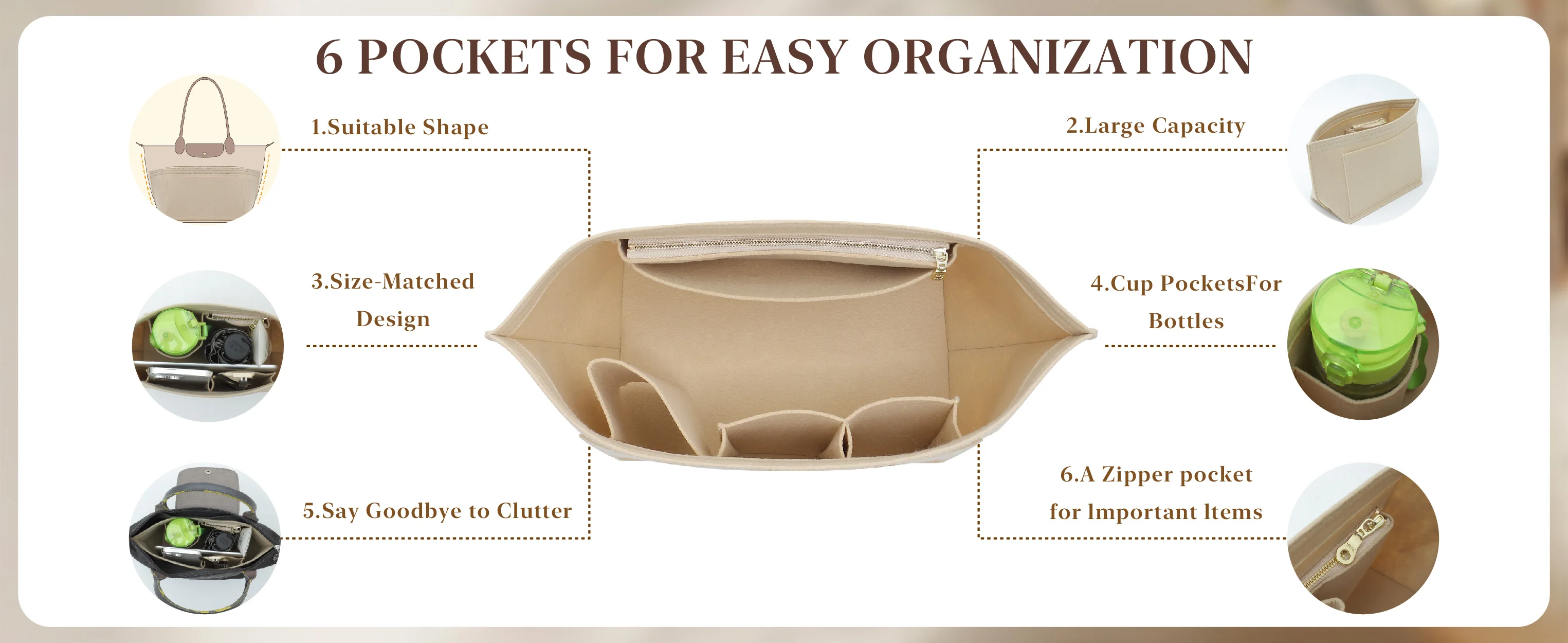 Felt Organizer Insert Compatible with Longchamp Le Pliage Large Handbags, Felt Longchamp Organizer Insert with Cup Holder