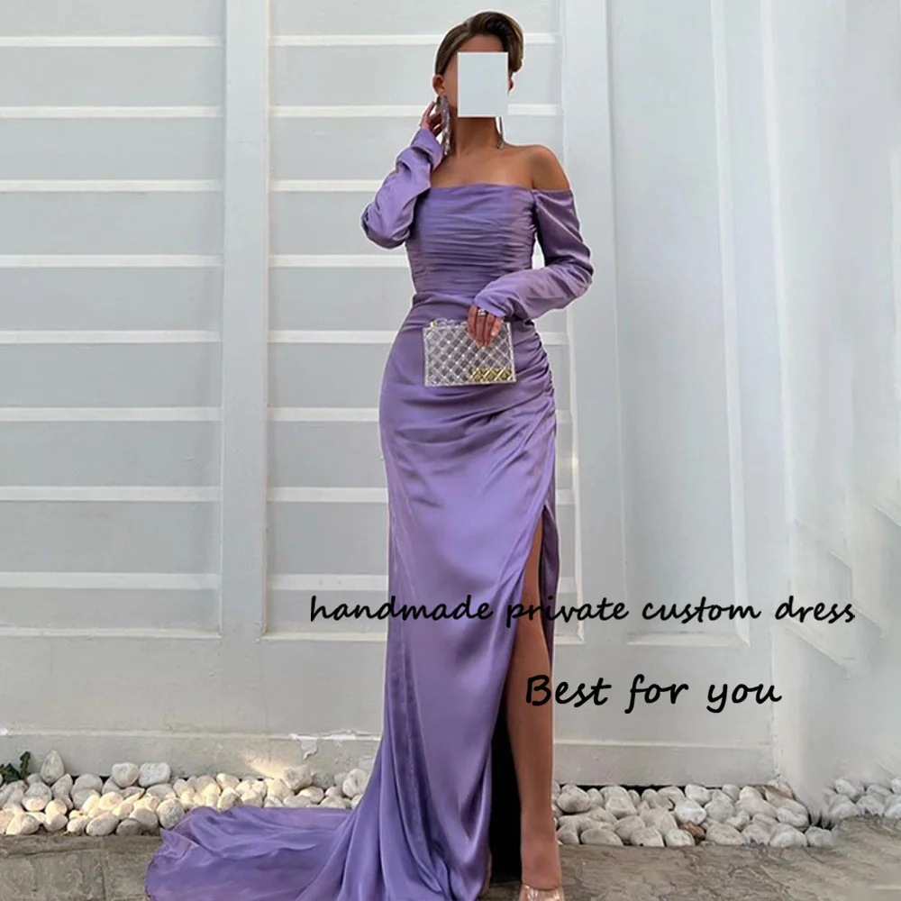 

Lavender Mermaid Evening Dresses with Slit Pleats Satin Strapless 3/4 Sleeve Prom Party Dress Arabic Dubai Formal Dress