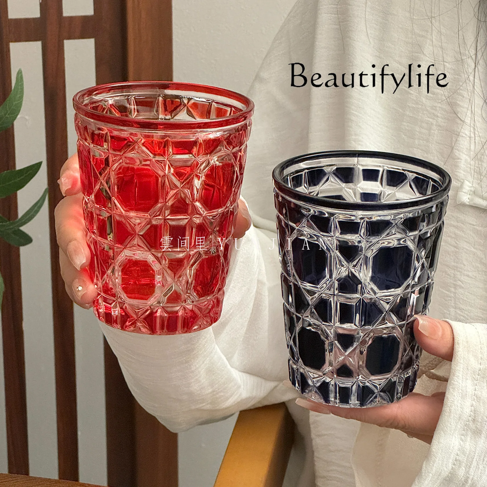 

Retro light luxury style niche handmade rattan plaid foreign wine cup high-end crystal household water cup milk cup