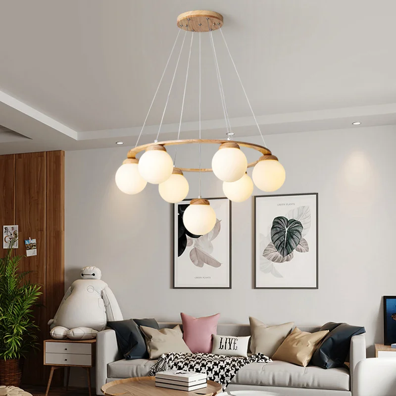 Nordic Chandelier For Living Room Bedroom Dining Room Kitchen Rubber Wood Design Ceiling Pendant Lamp E27 Luster Hanging Light