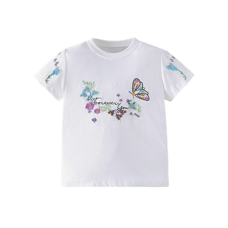 

Jumping Meters 3-8T New Arrival Flowers Embroidery Hot Selling Cotton Summer Girls Tshirts Baby Clothes Children's Tees Tops