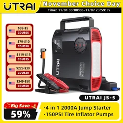 UTRAI 4 In 1 2000A Jump Starter Power Bank 16000mAh 150PSI Air Compressor Tire Pump Portable Charger Car Booster Starting Device