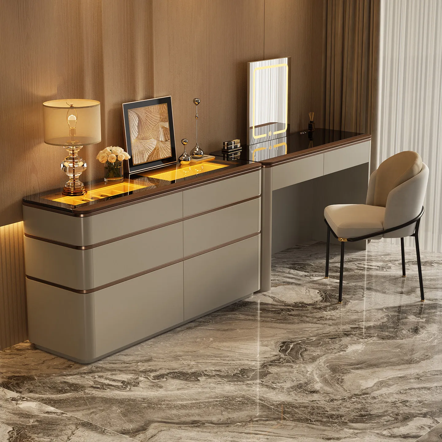 2026 new Italian light luxury high-end lift dresser chest integrated bedroom bed jewelry makeup table cabinet
