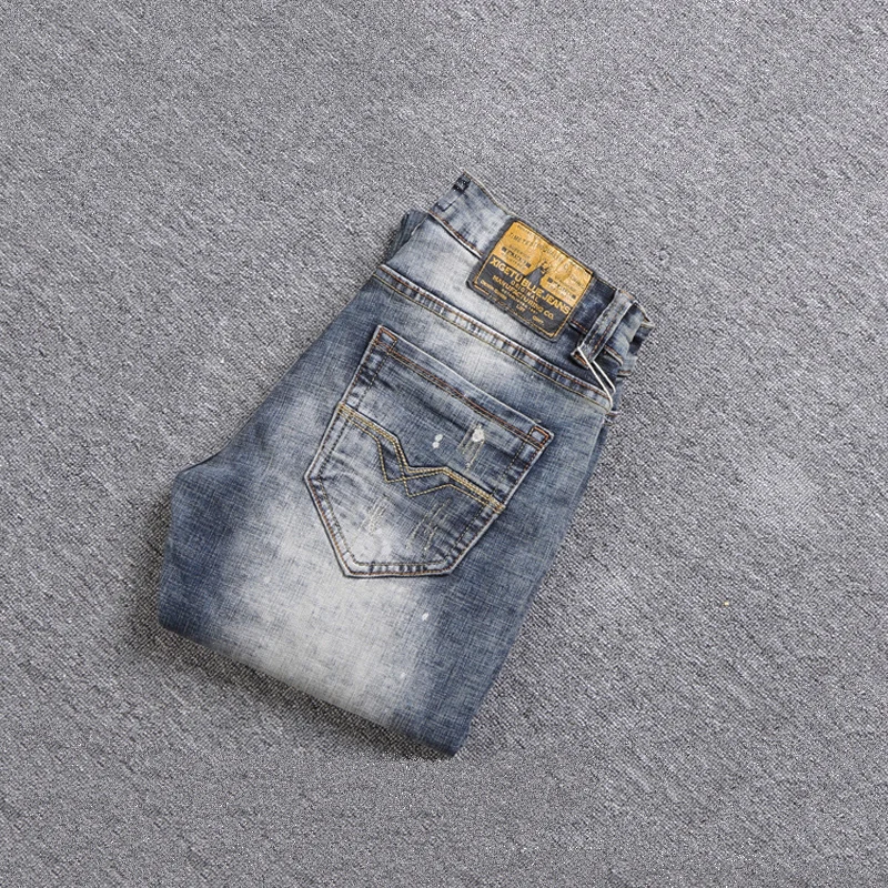 Street Fashion Men Jeans High Quality Retro Gray Blue Elastic Slim Fit Ripped Jeans Men Painted Designer Vintage Pants Hombre