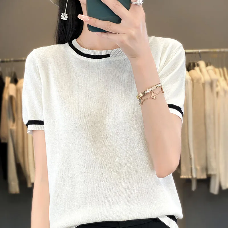 

2024 Summer New Ice Silk Round Neck Short sleeved T-shirt Women's Loose Pullover Women's Top