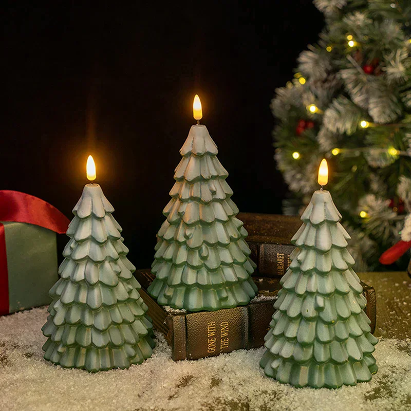 Christmas Tree Shaped LED Candles, Flameless Pillar Candles, Battery Operated LED Candle With 3D Flame Wick, Green Candles