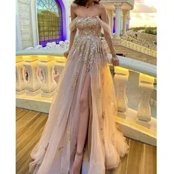 Elegant Off The Shoulder Evening Dress 2024 Glitter Lace Applique A Line Prom Dress High Side Split Tulle Party Gown