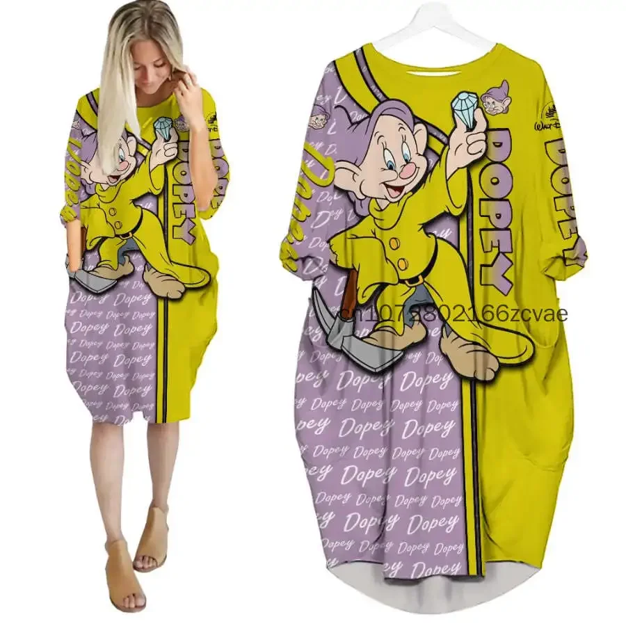 New Disney Dopey Women\'s Batwing Pocket Dress 3D Printed Disney Stitch Oversize Fashion Street Dress Long Sleeve Sleeping Dress