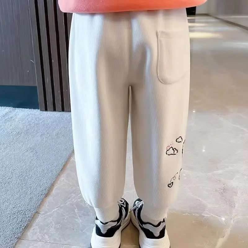 Girs Autumn Winter Trousers New Plus Velvet Printed Cartoon Pants Korean Casual Child Kids Composite Integrated Pile Sweatpants