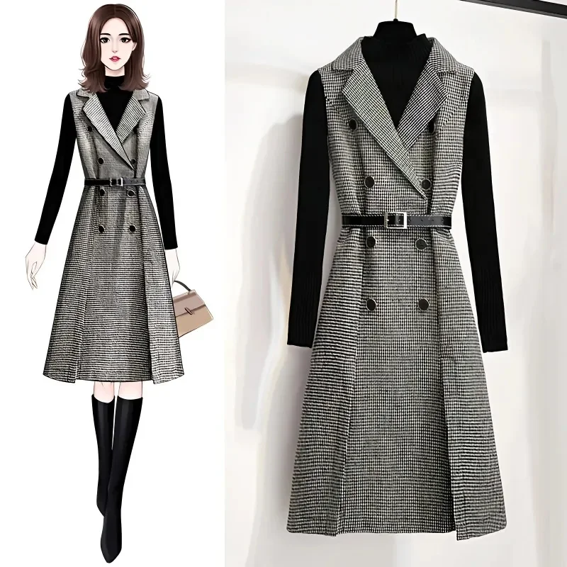 Women Plaid Strap Woolen Vest Dress Autumn Winter New Fashion Sleeveless Long Dress With Sweater 2PCS Elegant Wool Dress Outfit