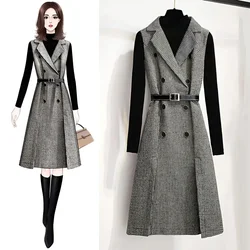 Women Plaid Strap Woolen Vest Dress Autumn Winter New Fashion Sleeveless Long Dress With Sweater 2PCS Elegant Wool Dress Outfit