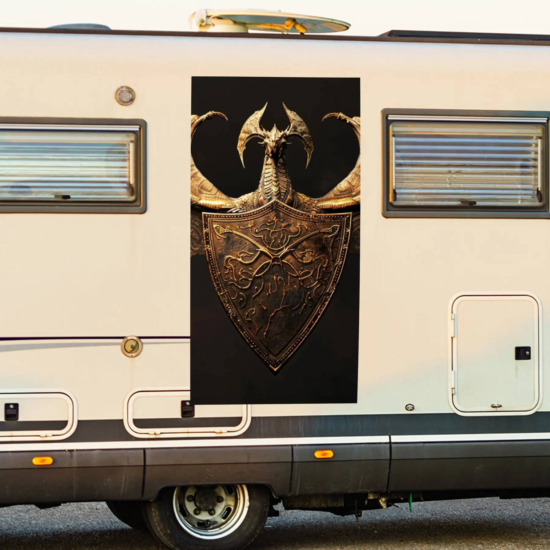 

Dragon with Shield Art,Motorhome Car Door Sticker PVC Self Waterproof Stick, Striking Auto Exterior Accessories Decor Protect Gi