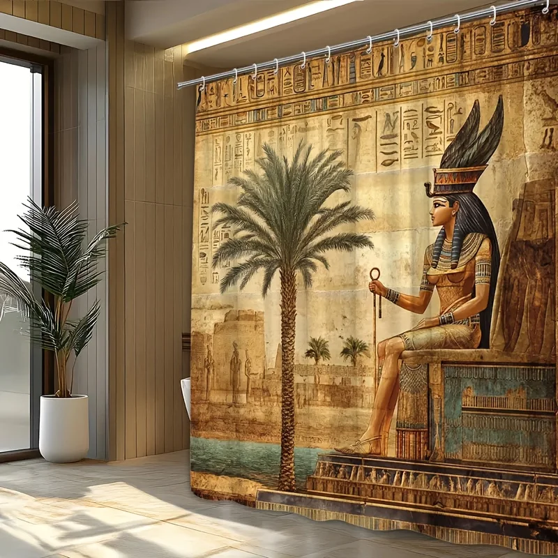 1pc Ancient Egyptian Shower Curtain with Hieroglyphics, Sphinx & Anubis Design - Machine Washable Polyester Bathroom Curtain wit