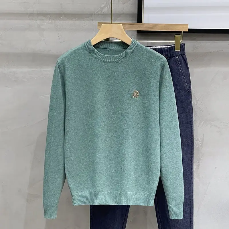 Men's Autumn Winter Solid Pullover Round Neck Striped Embroidered Screw Thread Lantern Long Sleeve Sweater Knitted Casual Tops