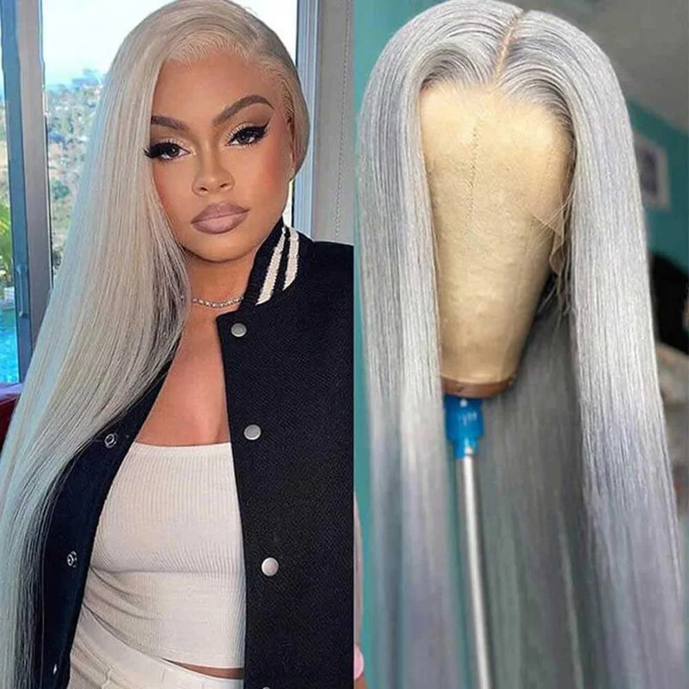 

13x6 Hd Lace Human Hair Wig 30 40 Inch 180% Density Silver Gray Colored Vietnamese Bone Straight Human Hair Wigs For Black Women