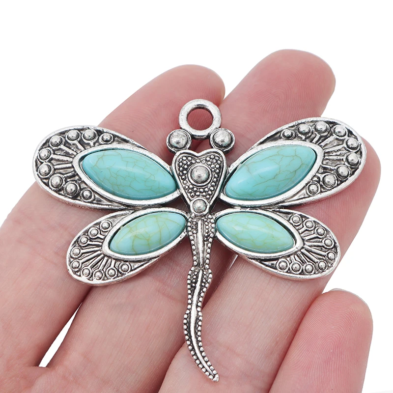 2pcs Tibetan Silver Large Dragonfly with Imitation Blue Stone Charms Pendants for Necklace Jewelry Making Findings 61x54mm