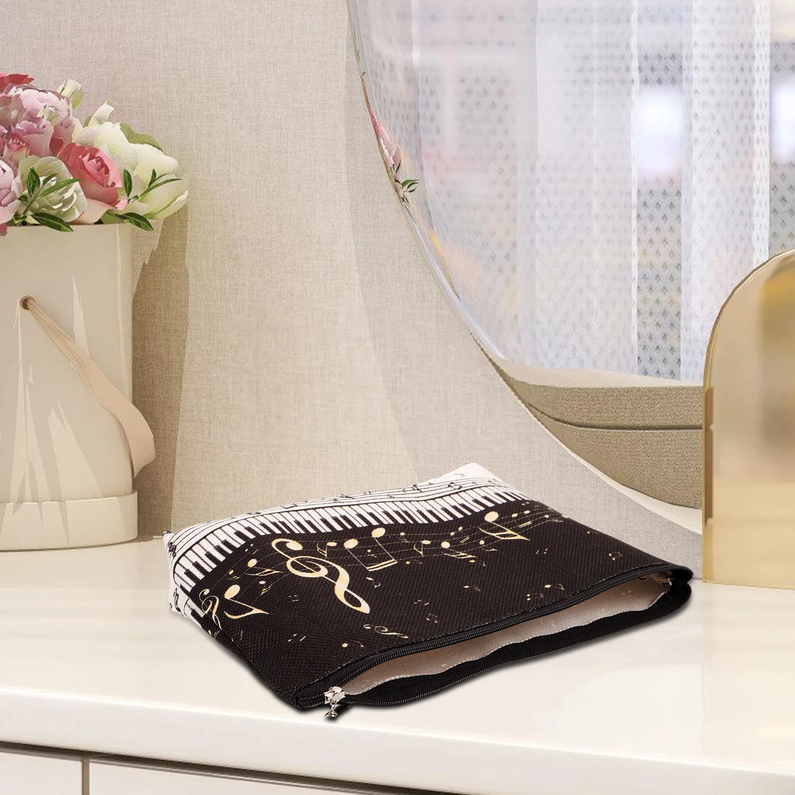 

Waterproof Cotton Linen Makeup Bag Music Print Travel Organizer Reusable Toiletry Pouch For Women Portable Makeup