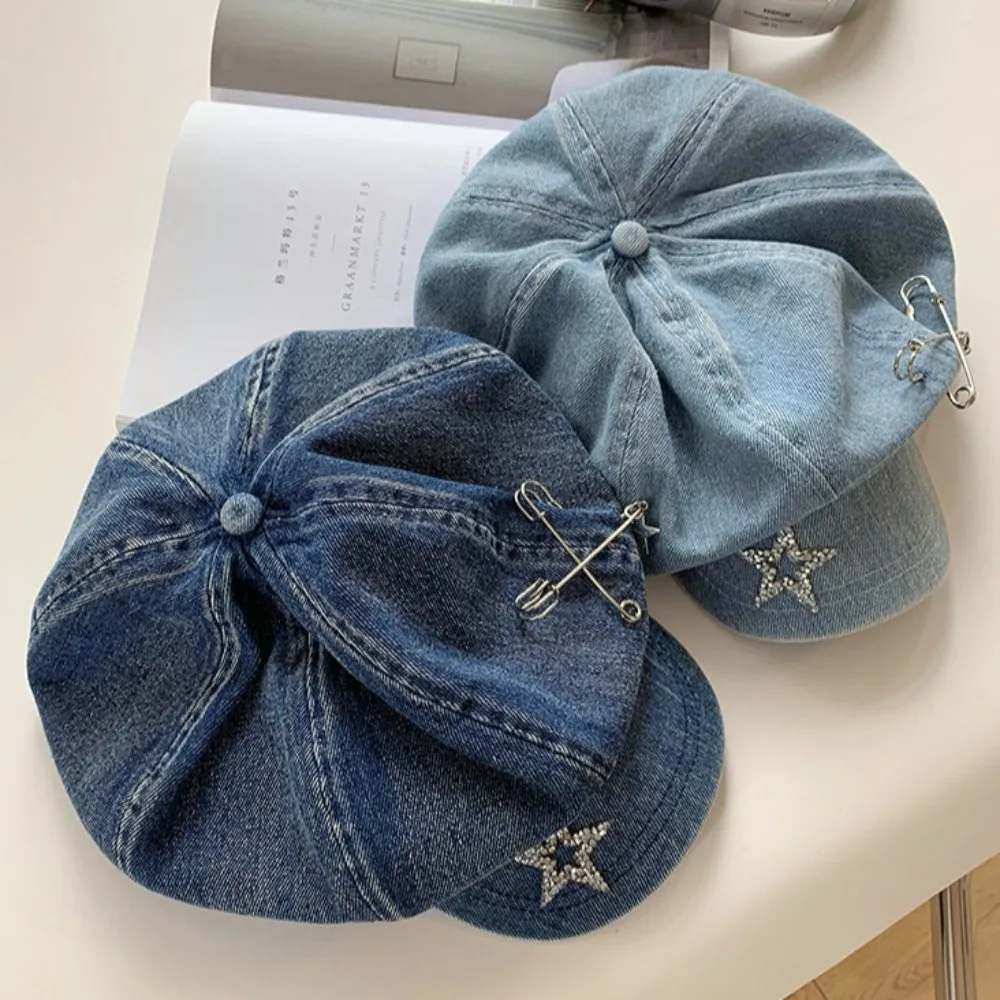 

Vintage Y2K Vintage Denim Hat Sweet Cotton Newsboy Cap Big Head Circumference Street Style Star Pattern Berets Cap Party