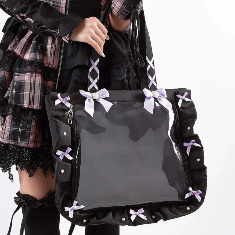 Landmine Bow Tie Itabag Japan Ruffle Edge Ribbon Hand-held Shoulder Tote Bag Badge Bar High Capacity Zip Bag Women's Handbag New