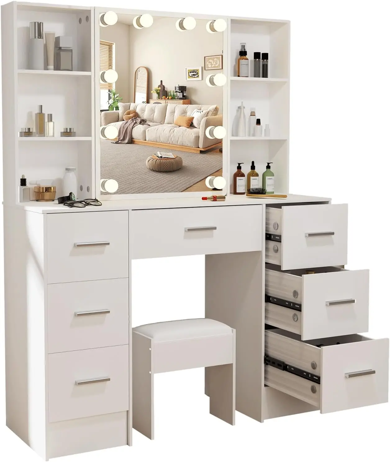 Makeup Vanity with LED Lighted Mirror, White Big Dressing Table with 7 Drawers, Makeup Vanity Set  Dressers