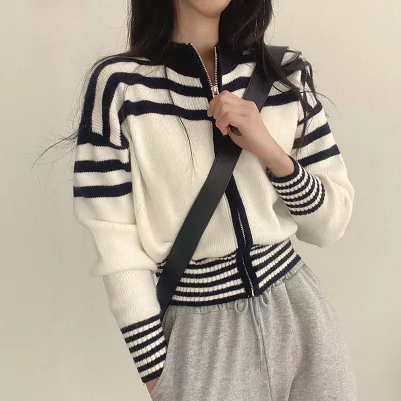 HELIAR Vintage Striped Cropped Cardigan Women Long Sleeve Casual Korean Knitted Tops Fall Zipper Stand Collar Elegant Cardigan