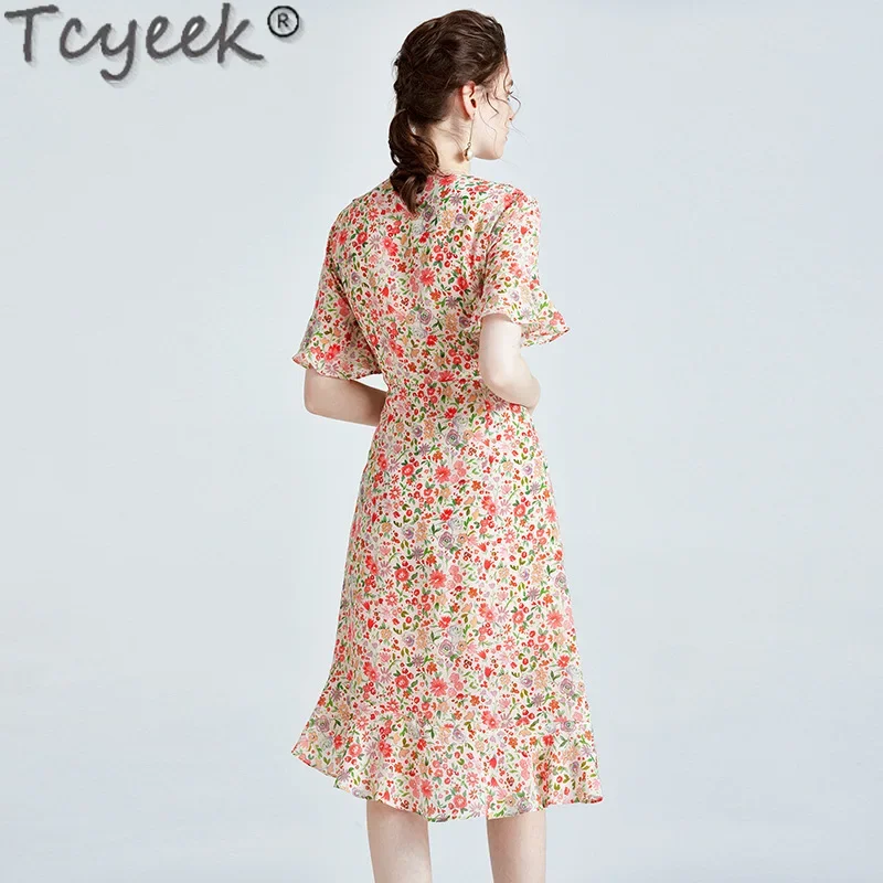 Tcyeek 100% Mulberry Silk Dress Women Summer Clothes Elegant and Pretty Women's Dresses 12MM Real Silk Long Dress Платье Женское