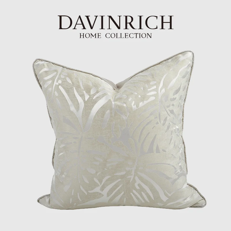 

DAVINRICH Monstera Leaf Jacquard Cushion Covers Elegant White American Style Rustic Decorative Pillow Case For Bed Model Room