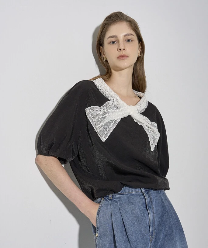 

Spring Summer Lace Knot Simple Korean Sle T-irt Women's Casual Cotton V-ne ort Sve Moisture ng