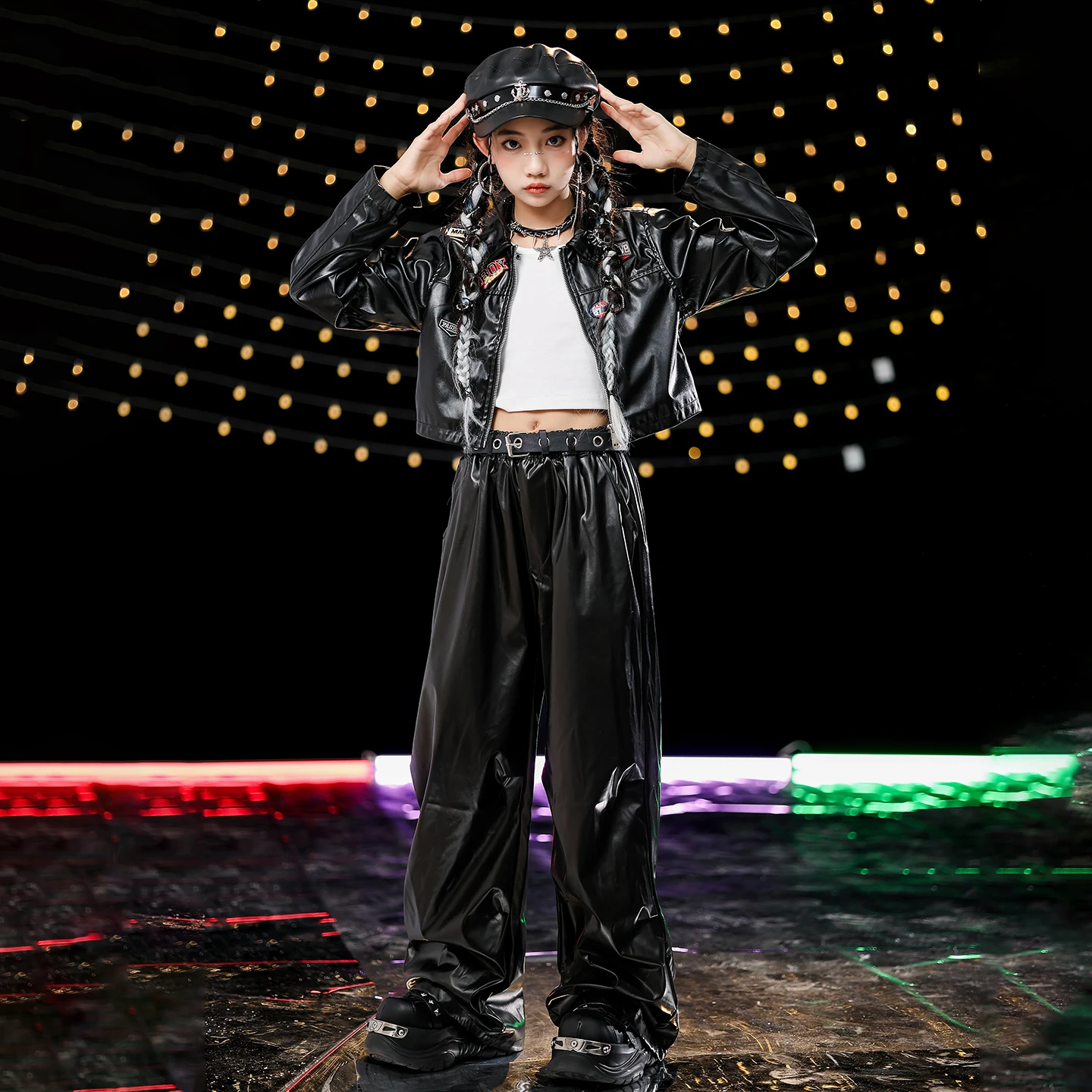 2025 kinder Hip Hop Dance Kostüme Für Mädchen Schwarz Crop Tops Leder Hosen Anzug Straße Dancewear Jazz Dance Kleidung DQS 20893