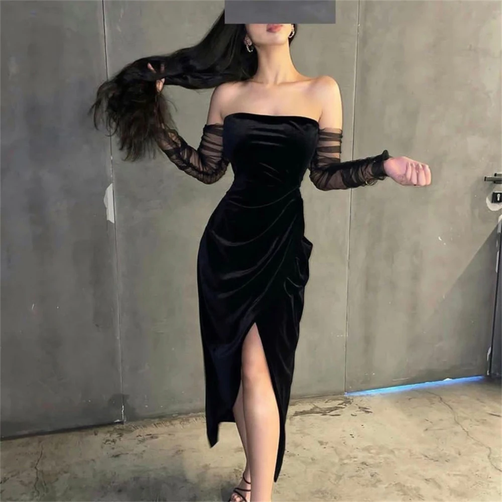 

Simple Black Strapless Velour Mermaid Formal Occasion Prom Dresses Slit Tea-length Women Evening Party Dress فساتين السهرة