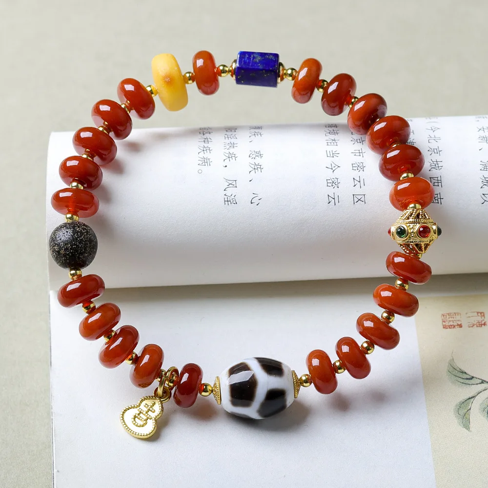 Original design nanhong agate strings Wenchuan fujia dzi lapis lazuli beeswax new Chinese Lunar New Year Red bracelet