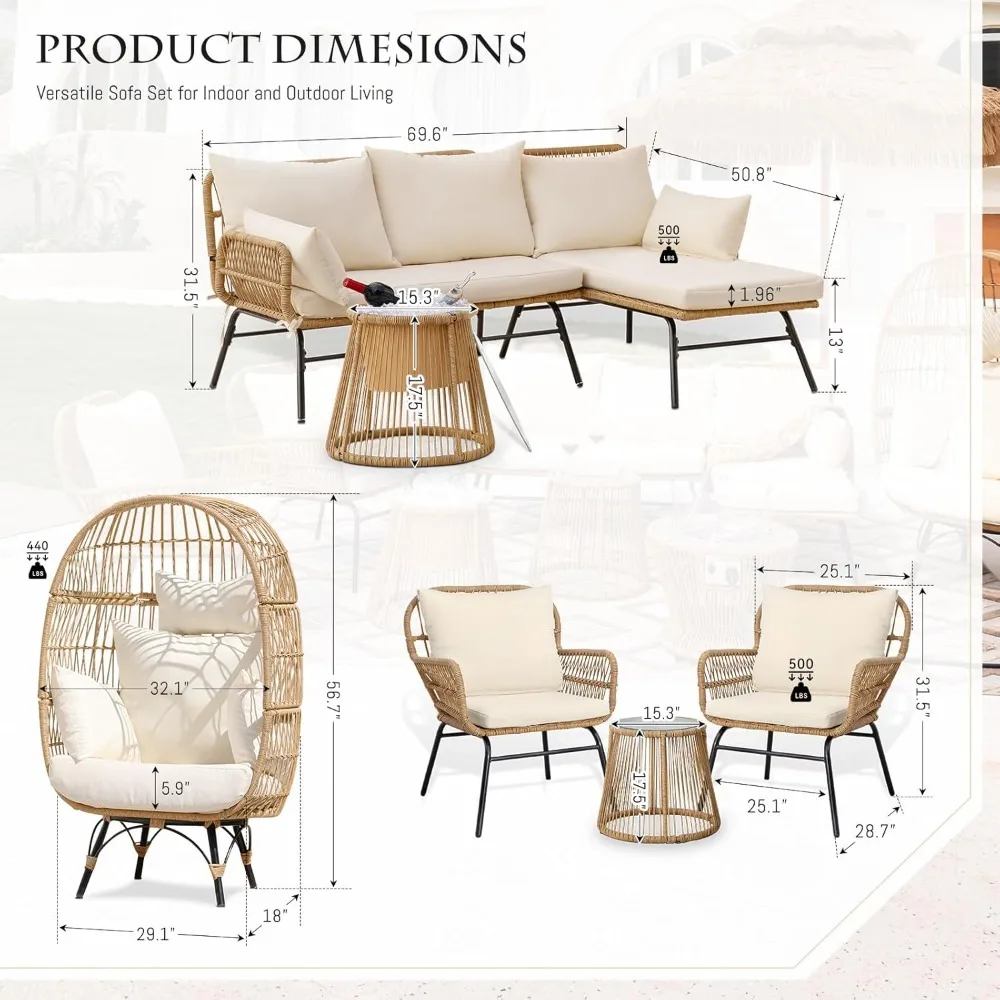 3 Piece Patio Furniture Sets with Egg Chair, Small Outdoor Bistro Chair Conversation Sofa Set w/Coffee Table & Ice Bucket