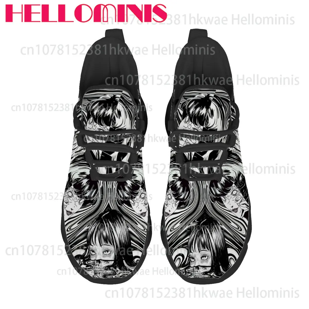 Black White Character Sketch Horror Art Pattern Casual Shoes Unisex Breathable Mesh Upper Fashion Street Daily Wear Sneakers