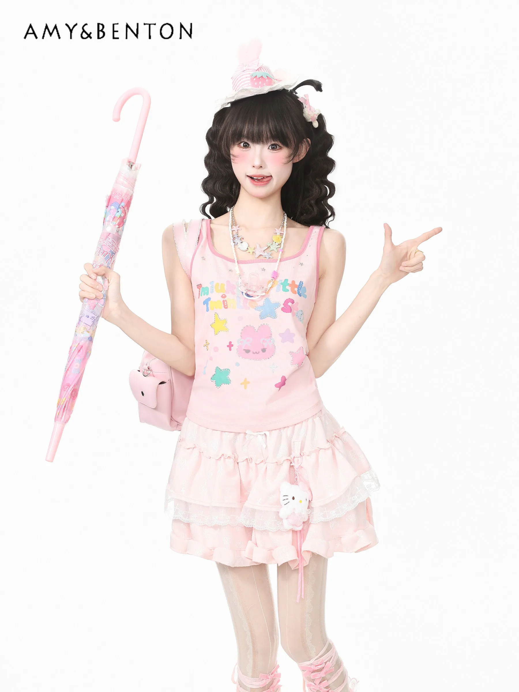

2026 Summer New Japanese Kawaii Style Women Star Letter Cartoon Print Slim Short Pink White Sleeveless Tank Top