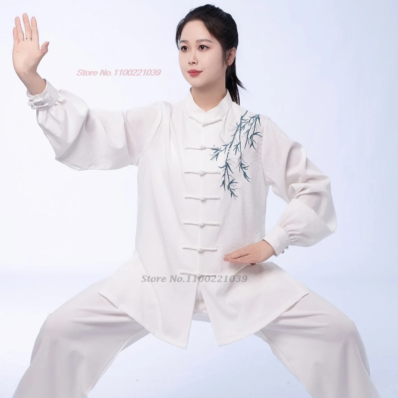 

Комплект для занятий китайским тай-чи и кунг-фу 2026: топ и брюки с традиционной бамбуковой вышивкой, одежда для практики боевых искусств и выступлений.