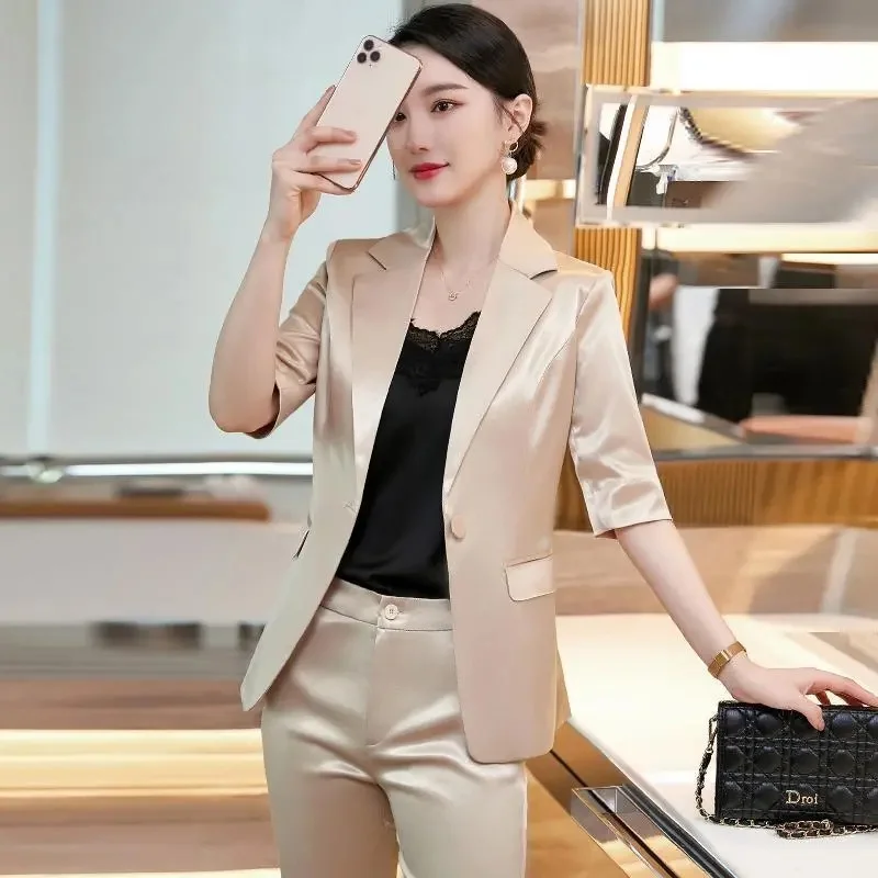 Suit Sets Women Temperament Spring Autumn Thin Section Acetate Satin Business Wear Office Lady High-End elegant Pink Suit Women