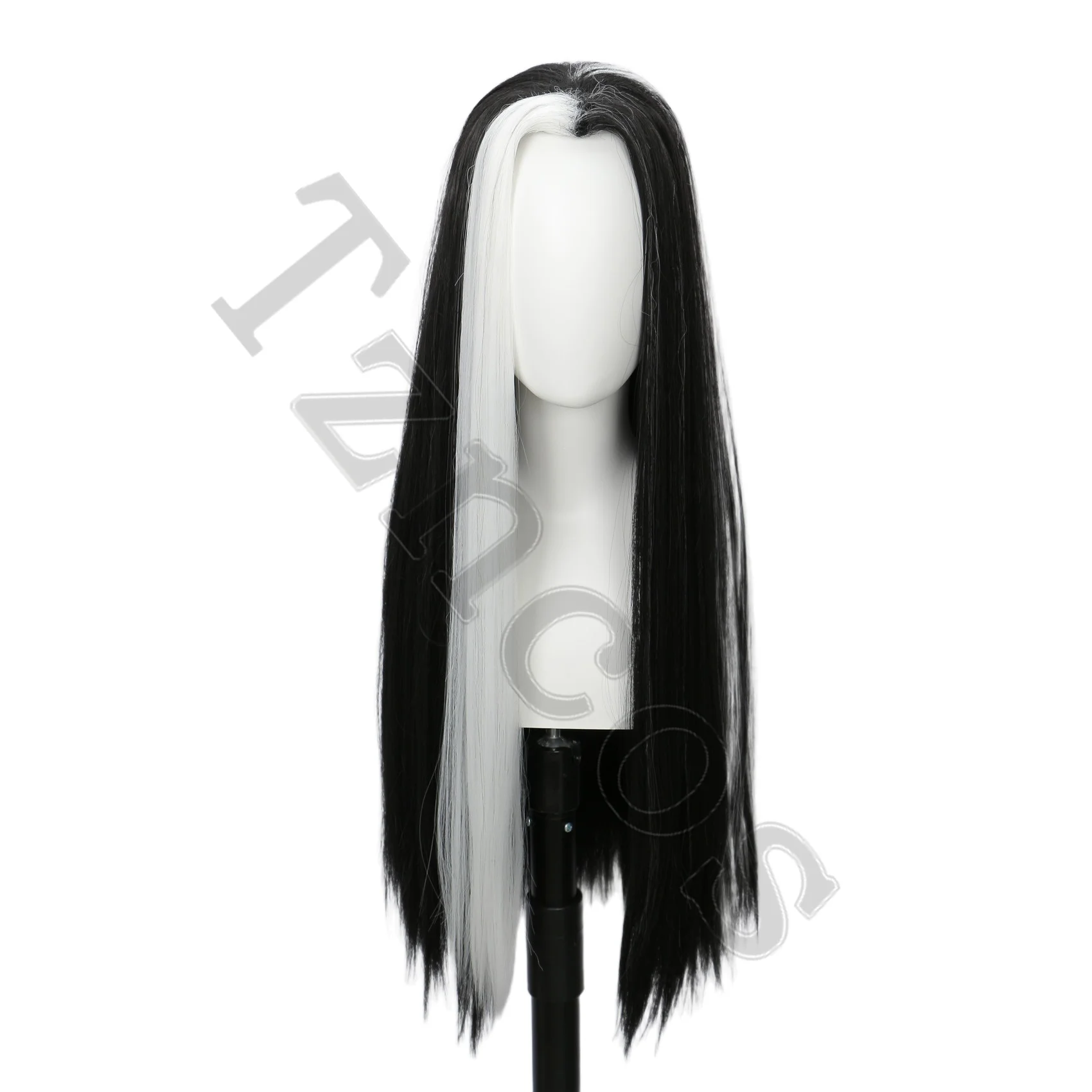 

Tzncos Long Straight Black And White Wig Middle Parted Long Hair White Highlights Halloween Costume Party