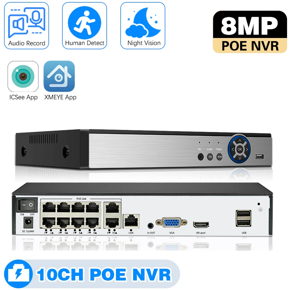 4K 8MP POE NVR 10CH 8CH Network Video Recorder 8MP HD Security IP Camera System H.265+ Motion Detection Remote Access Xmeye App